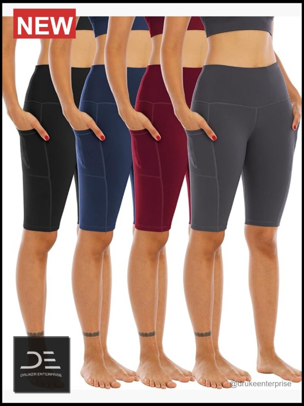 High Waisted Biker Yoga Shorts with Pockets, 4 Pack